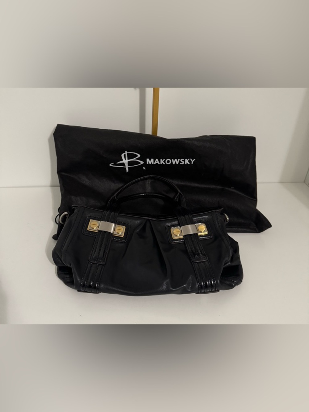 B. Makowsky Black Satchel Handbag with Gold Silver Accent Hardware Dust Bag Inc.